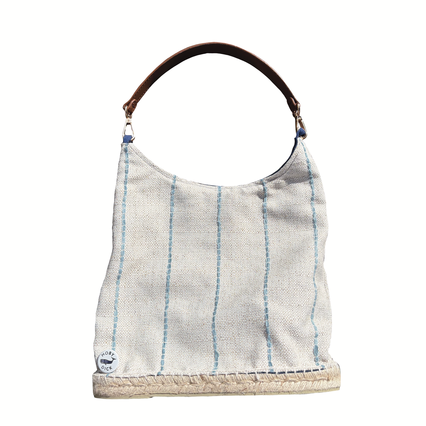 Bolso líneas azules lino con asa de cuero
