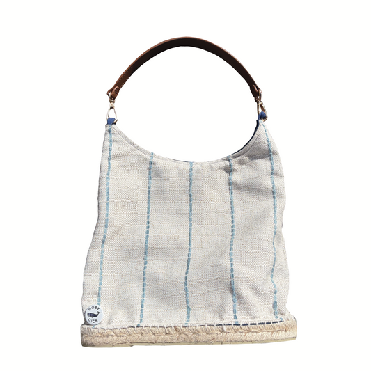 Bolso líneas azules lino con asa de cuero
